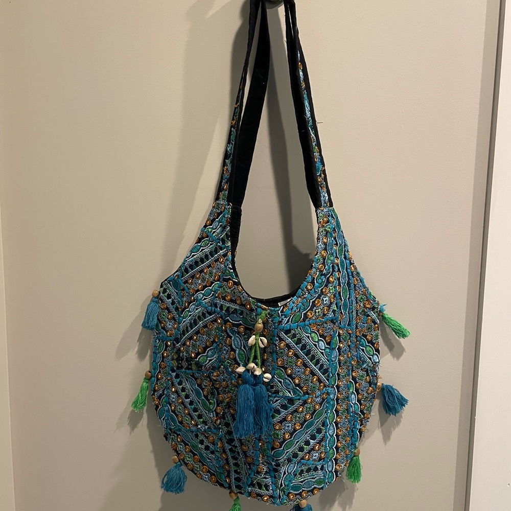 Embroidered Teal & Green Tassel Shoulder Bag Karma Highway NWOT